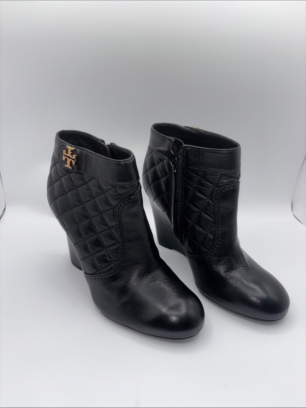 Tory Burch Black Quilted Leather Wedge Booties with Gold Logo - Picture 11 of 12